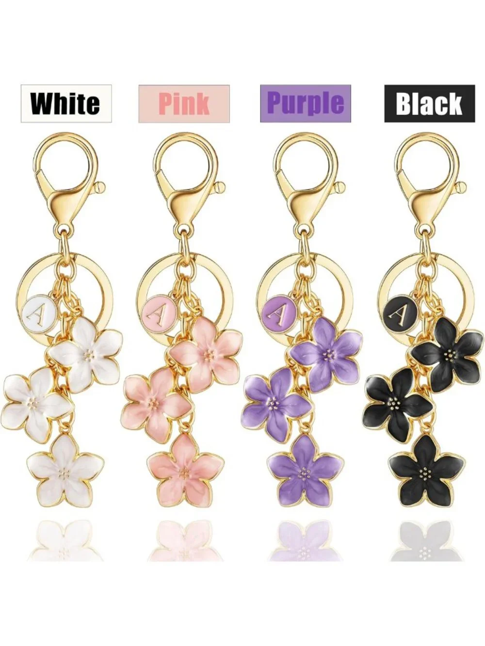 Cute Flower Initial Keychain for Women | Enameled Bag Charm | Pink/Black/White